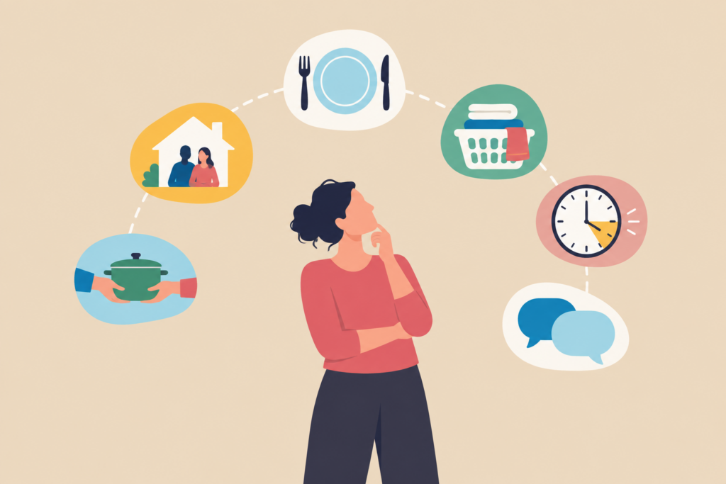 An illustration of a thoughtful woman considering home life, shared meals, household chores, limited time, and conversation.